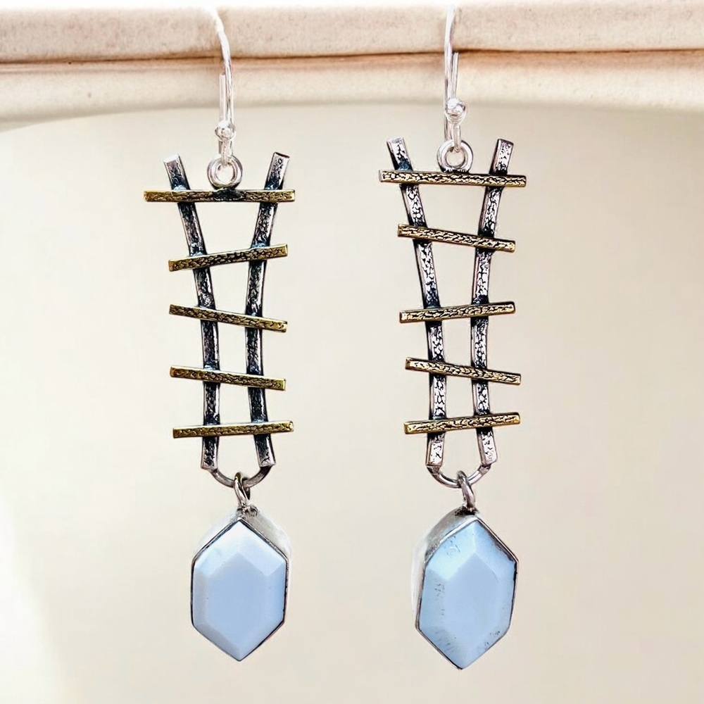 Pale Blue Owyhee Opal Ladder Earrings, SS